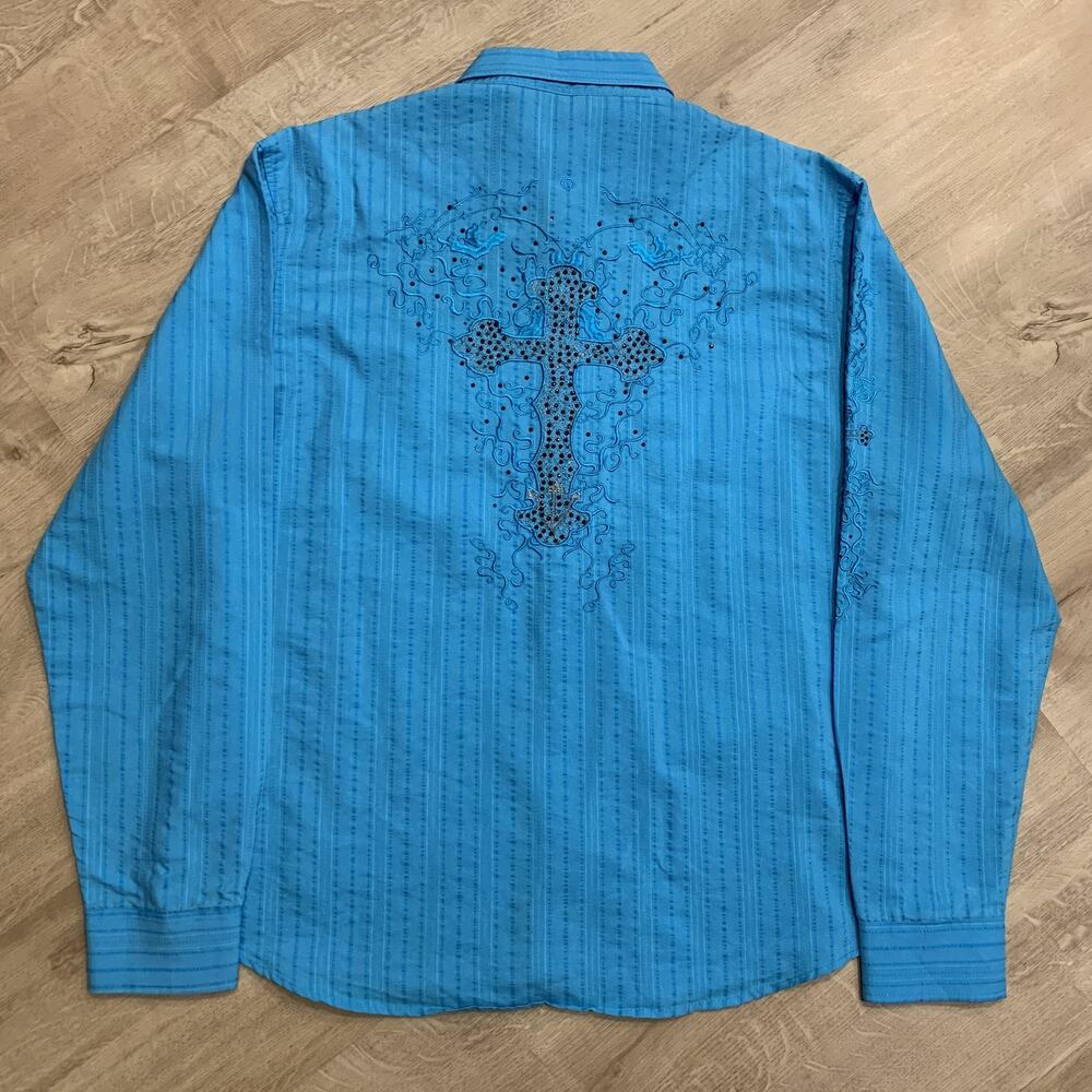 El General Embroidered Cross Button Up Shirt Mens 2XL XXL Blue Western Y2K Cyber